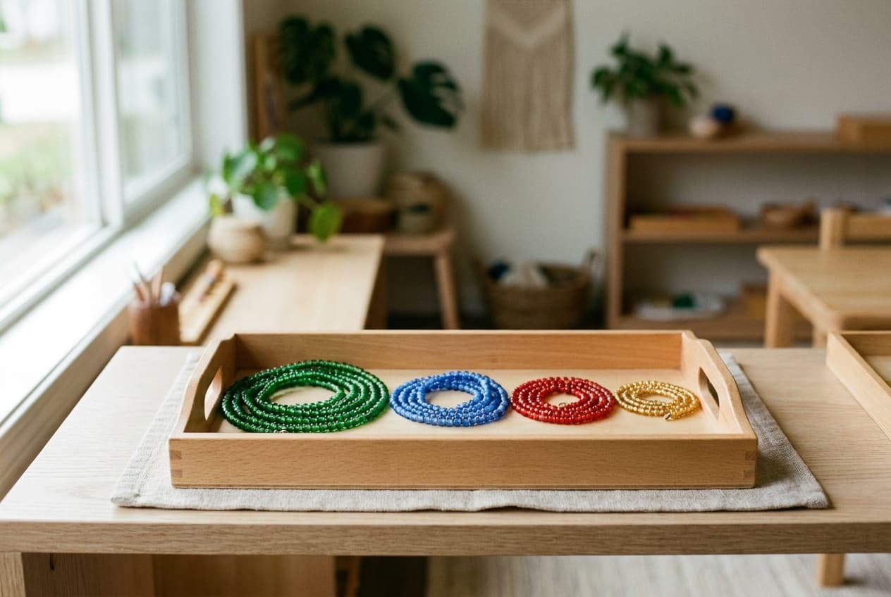 Illustration: Montessori bead chains in green, blue, red and gold coiled on a wooden tray.