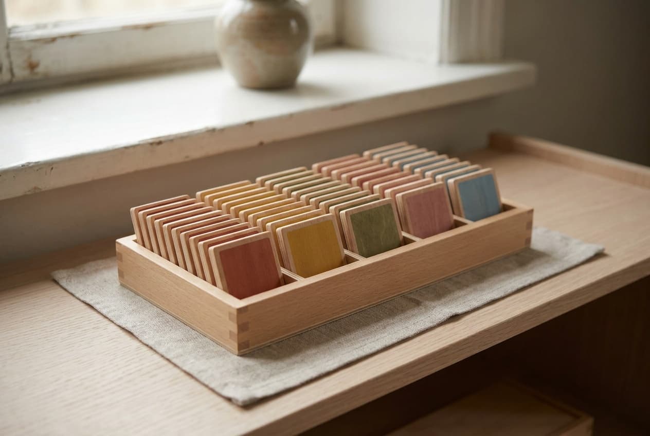 Illustration: the Montessori color tablets, rows of small wooden tablets with colored centers in a wooden box.