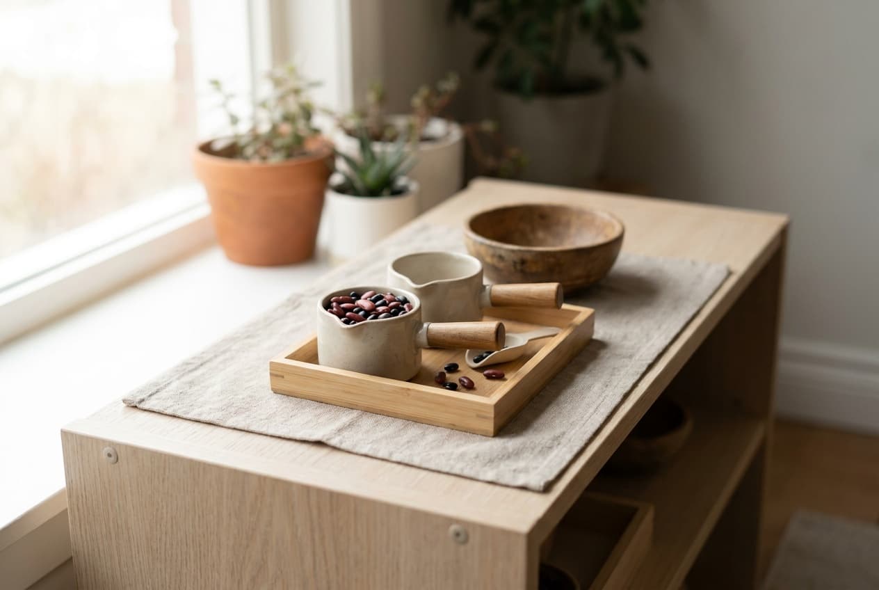 Illustration: a Montessori dry pouring tray on a low shelf, with small pouring vessels and a bowl of dried beans.