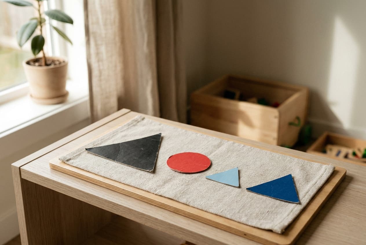 Illustration: Montessori grammar symbols cut from paper on a linen mat: a large black triangle, a red circle and two blue triangles.