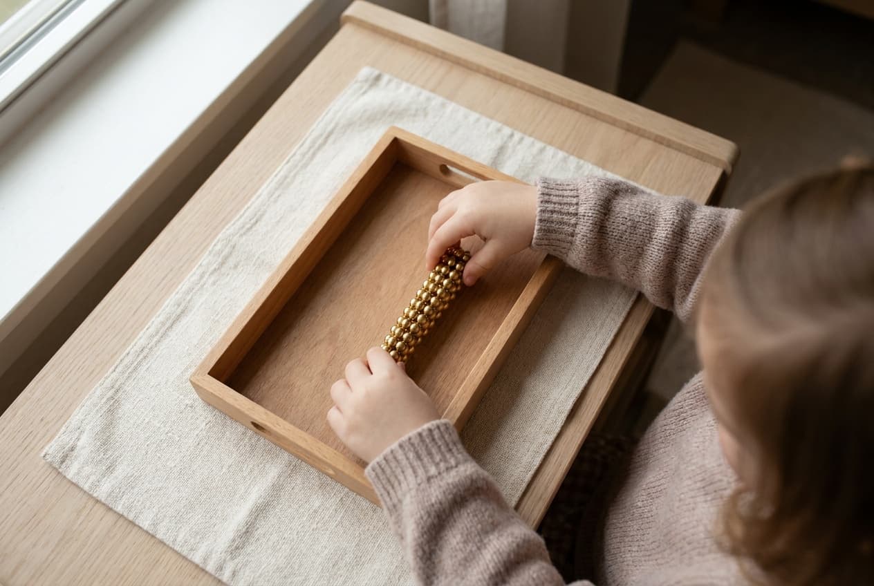Illustration: a child's hands holding a Montessori golden bead ten bar over a wooden tray. No face is shown.