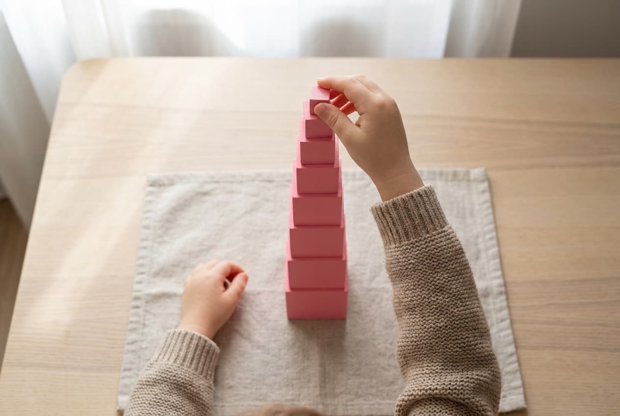 Illustration: a child's hands laying the Montessori pink tower cubes in a row on a linen mat, largest to smallest. No face is shown.