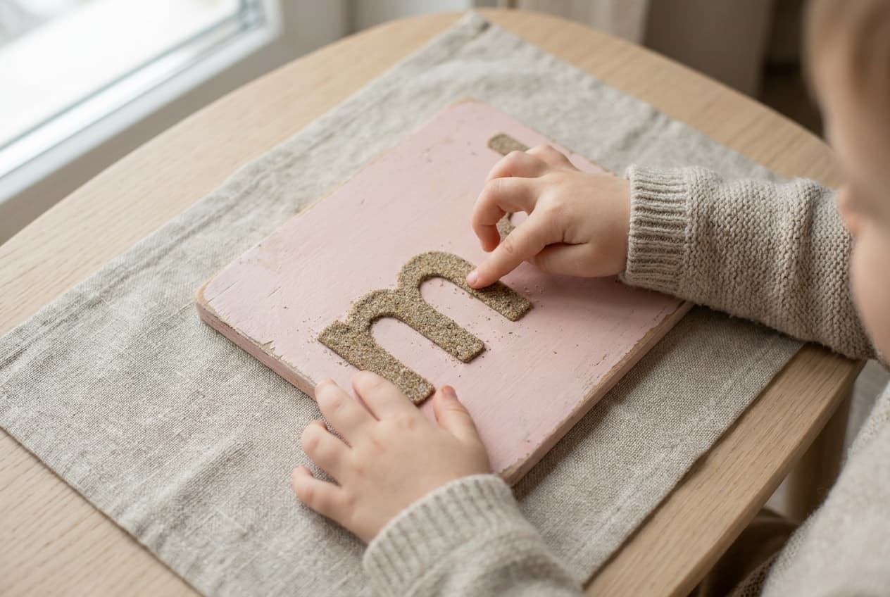 Illustration: a child's finger tracing a Montessori sandpaper letter m on a pink board, the other hand steadying the board. No face is shown.