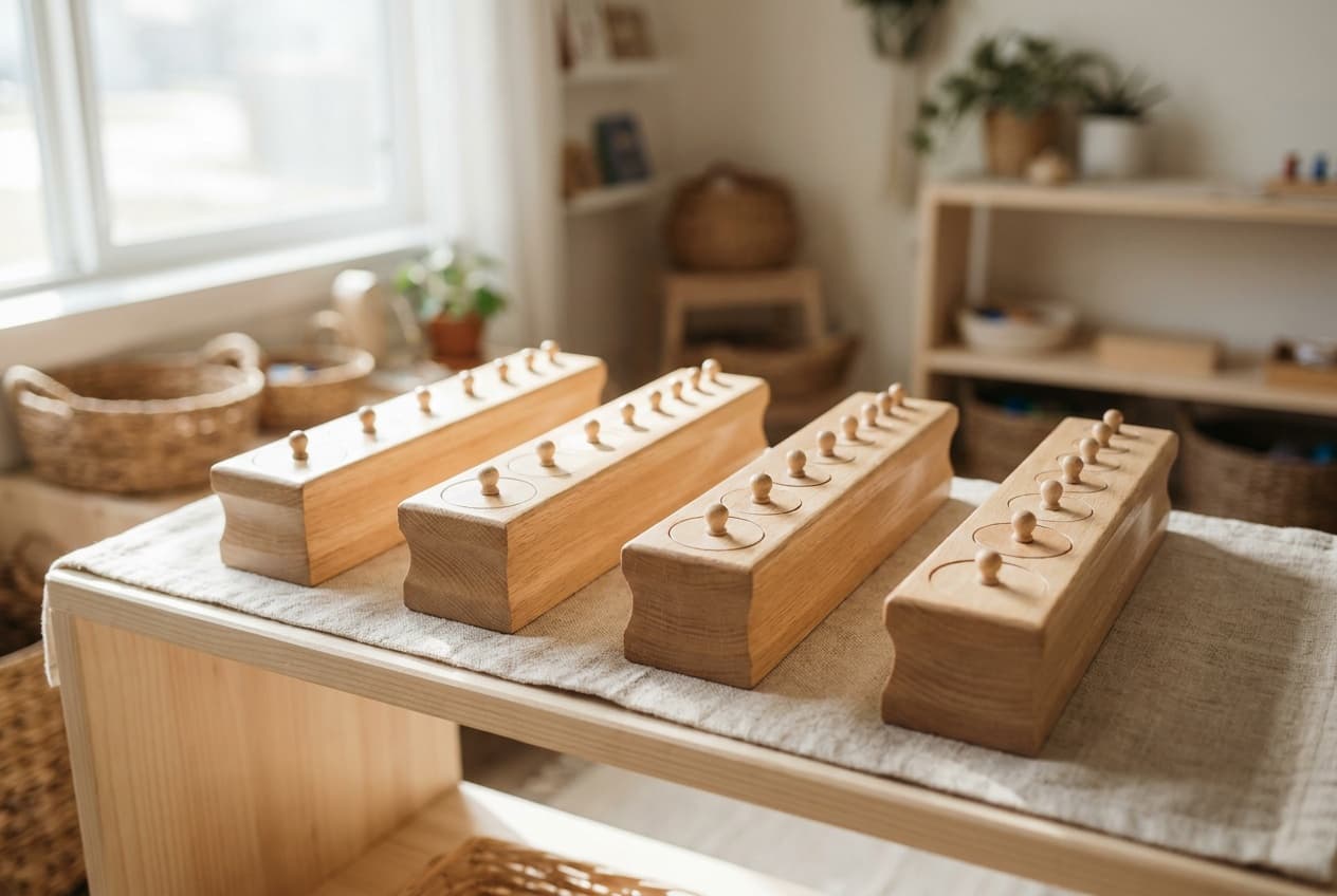 Illustration: the Montessori knobbed cylinders, four wooden blocks of ten knobbed cylinders each, set side by side on a low shelf.