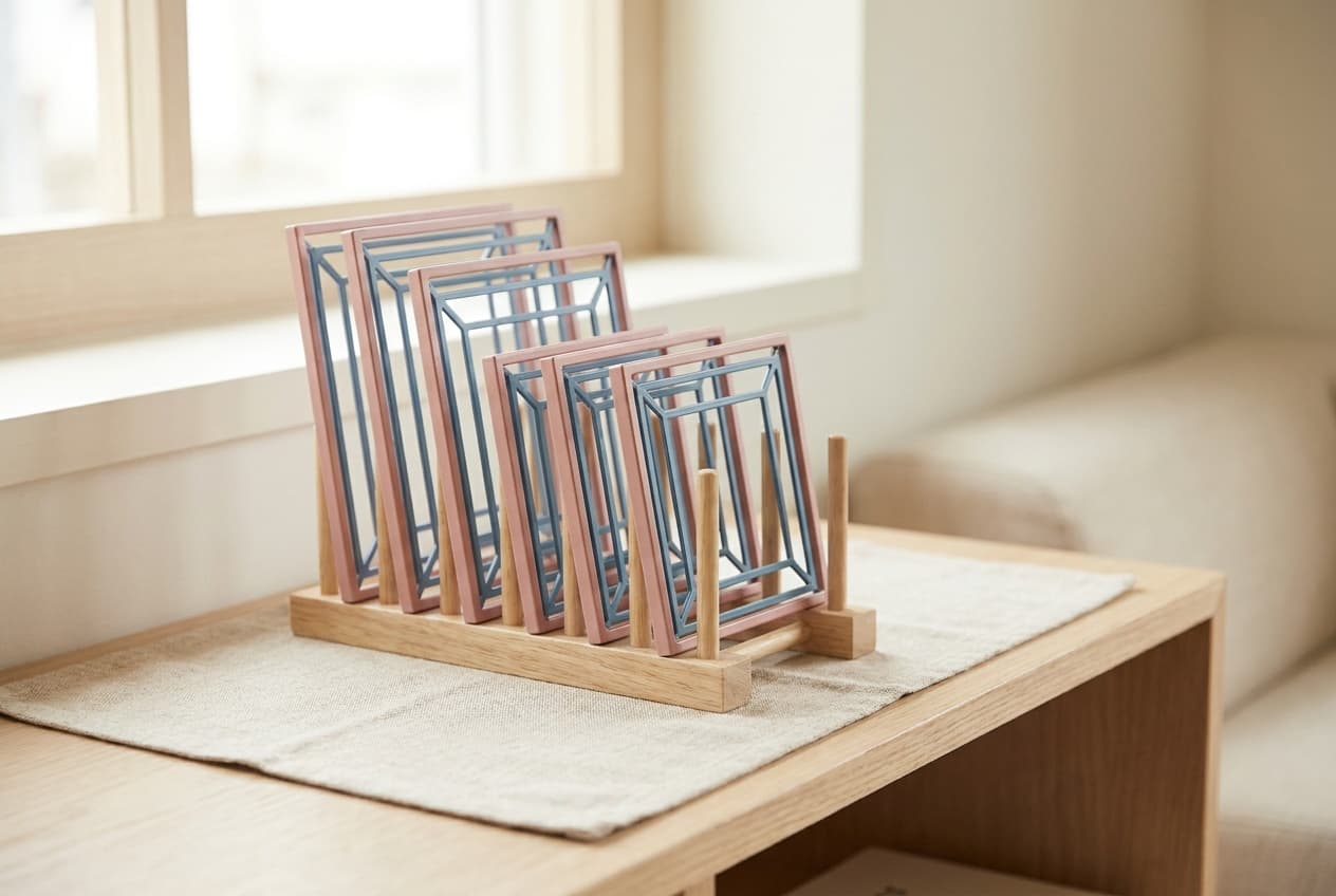 Illustration: the Montessori metal insets, pink frames holding blue insets, standing in a wooden rack.