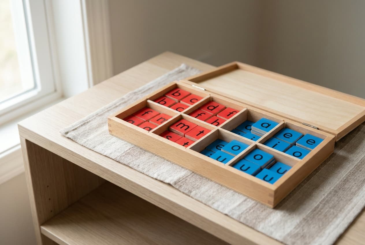 Illustration: the Montessori movable alphabet (moveable alphabet), wooden letter tiles sorted into a divided wooden box, consonants in one color and vowels in another.