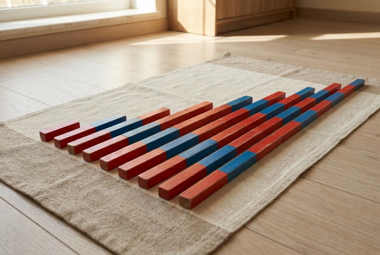Illustration: the Montessori number rods, ten wooden rods in alternating red and blue segments, laid out from shortest to longest on a linen mat.