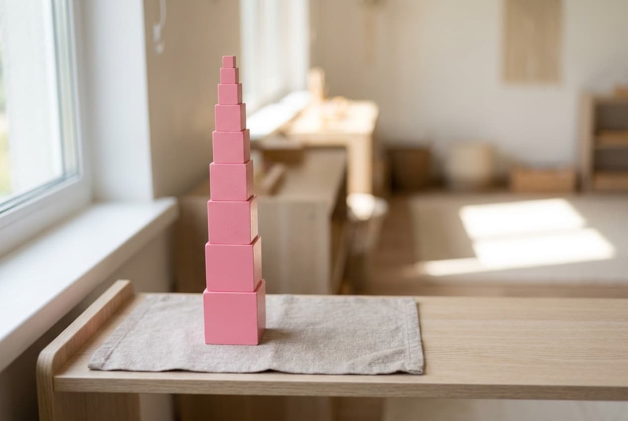 Illustration: the Montessori pink tower, ten pink wooden cubes built into a tower with the largest at the bottom, on a linen mat on a low wooden shelf.