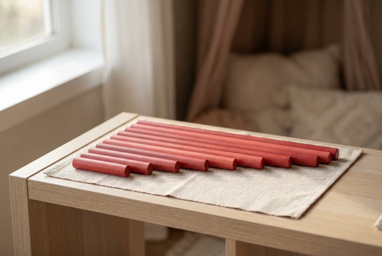 Illustration: the Montessori red rods, ten red wooden rods laid out from shortest to longest on a linen mat.