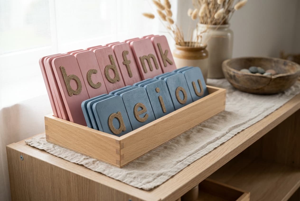 Illustration: the Montessori sandpaper letters, rough letters on wooden boards standing in a box, consonants on pink boards and vowels on blue boards.