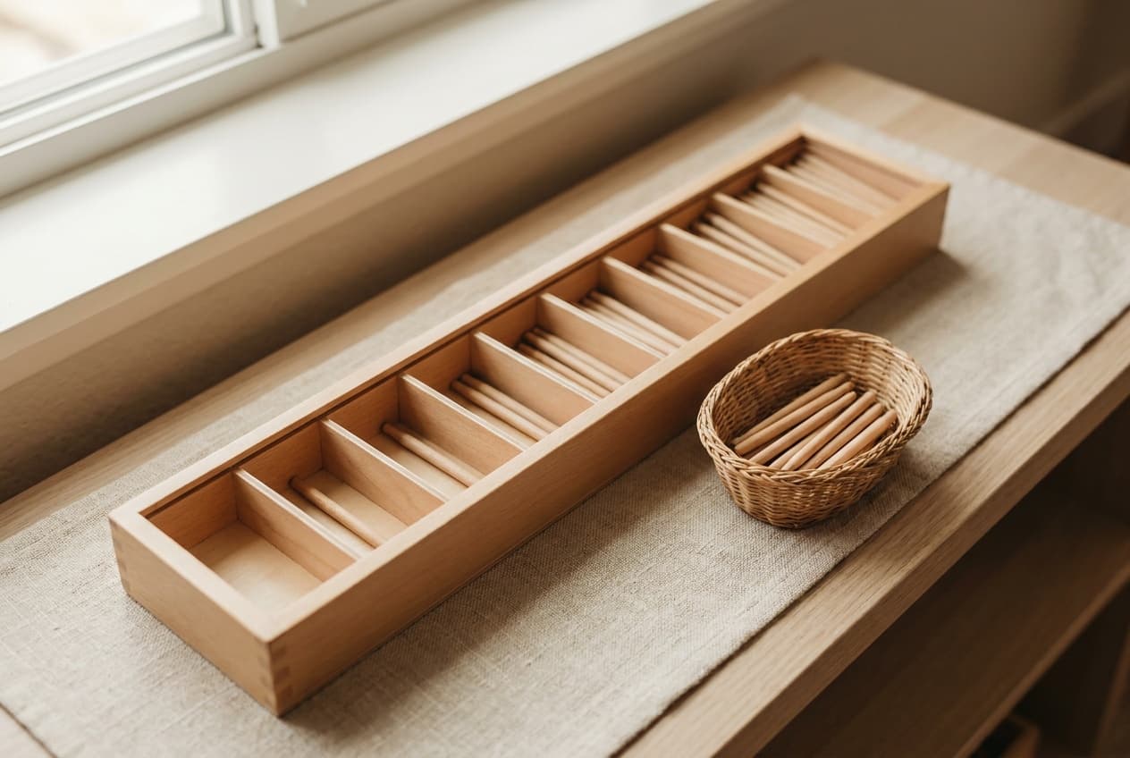 Illustration: the Montessori spindle box, a long wooden box of ten compartments, with a basket of wooden spindles beside it.