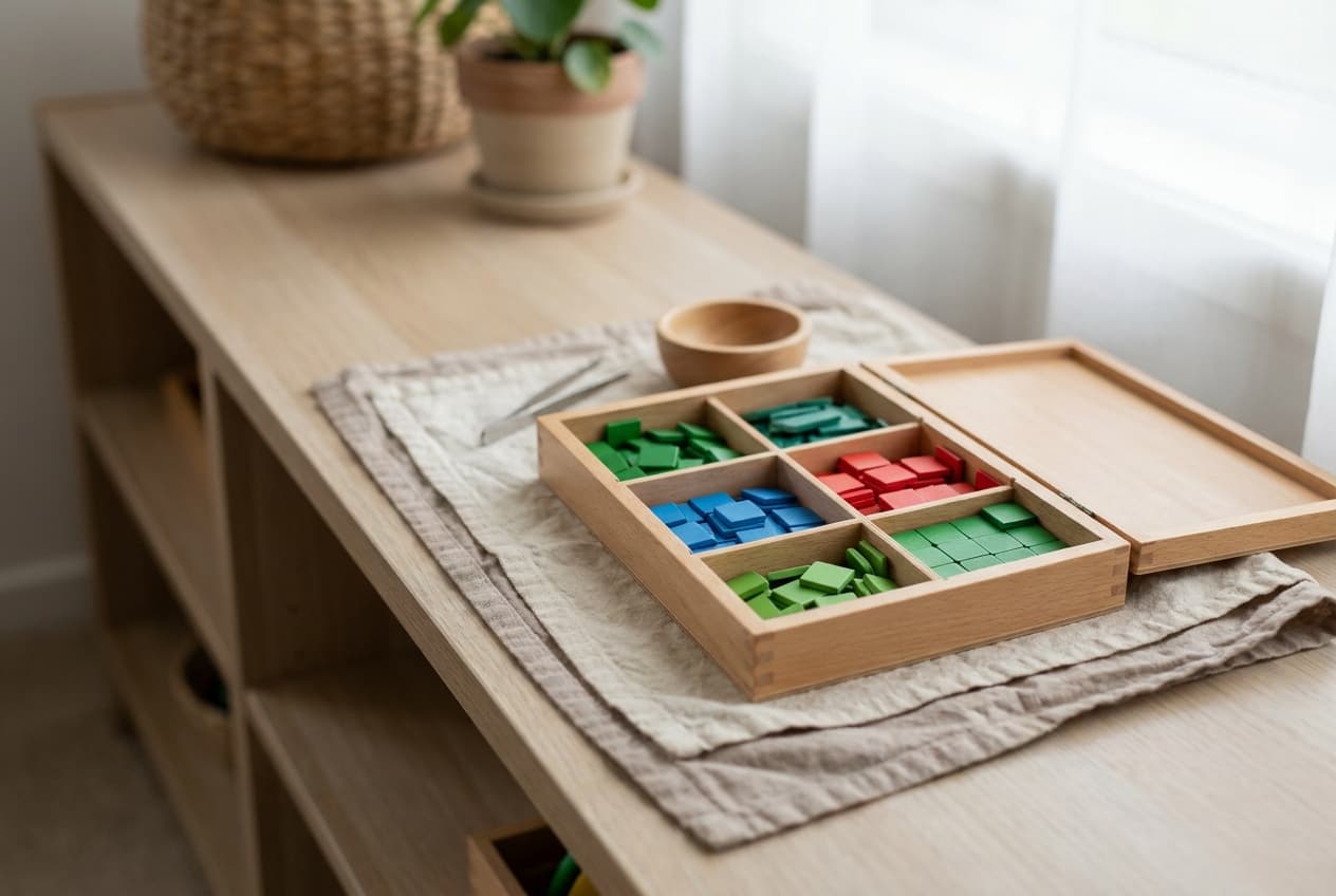 Illustration: the Montessori stamp game, small green, blue and red wooden tiles sorted into the compartments of a wooden box.