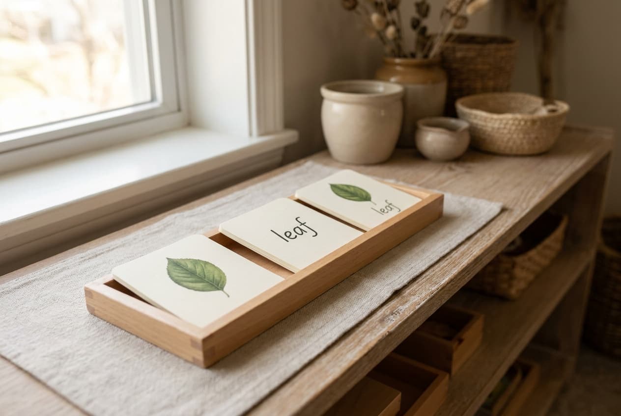 Illustration: Montessori three-part cards for a leaf on a wooden tray: a picture card, a label card and a control card.