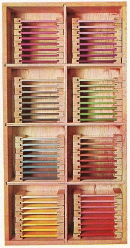 Montessori color tablets (color spools), eight colors in graded shades in a box, Dr. Montessori's Own Handbook, 1914
