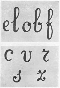 Montessori sandpaper letters, cursive letters grouped on cards, Fig. 30 in Dr. Montessori's Own Handbook, 1914