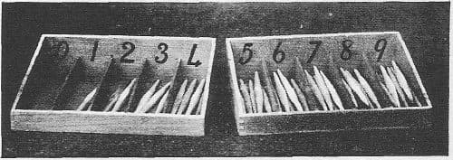 Montessori spindle box (counting boxes), compartments 0 to 9 with spindles, Fig. 41 in Dr. Montessori's Own Handbook, 1914