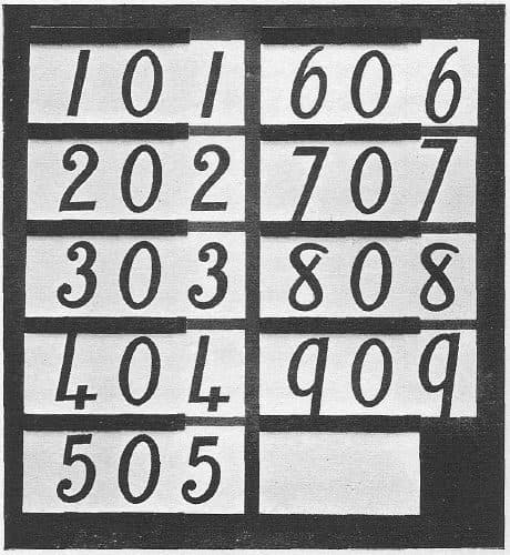 Montessori teen and tens boards (arithmetic frame), cards 10 to 90, Fig. 42 in Dr. Montessori's Own Handbook, 1914