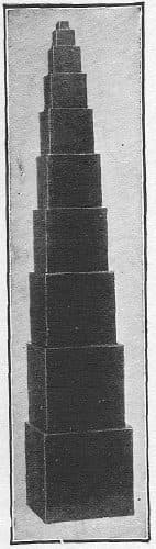 Montessori pink tower, ten cubes stacked largest to smallest, Fig. 9 in Dr. Montessori's Own Handbook, 1914