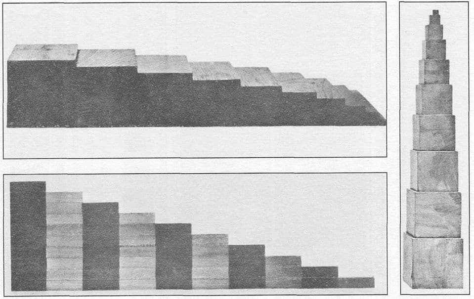 Montessori brown stair, red rods and pink tower (broad stair, long stair, tower), The Montessori Method, 1912